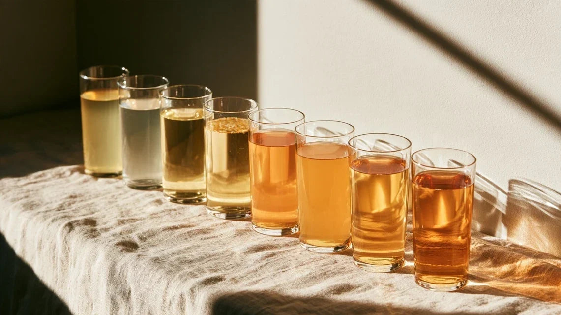 Row of glasses graded from pale straw to amber on a sunlit windowsill, representing a urine colour chart | Gutsi