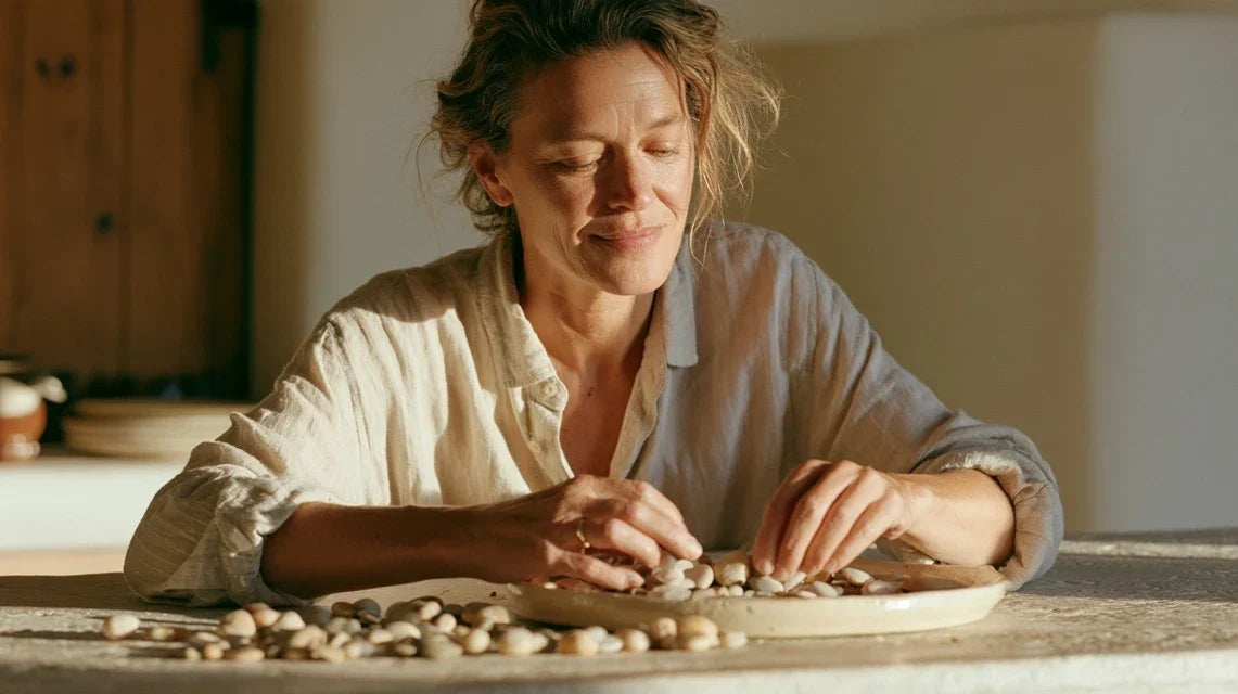 Woman arranging smooth round pebbles in a ceramic dish, illustrating what gallstones look like | Gutsi