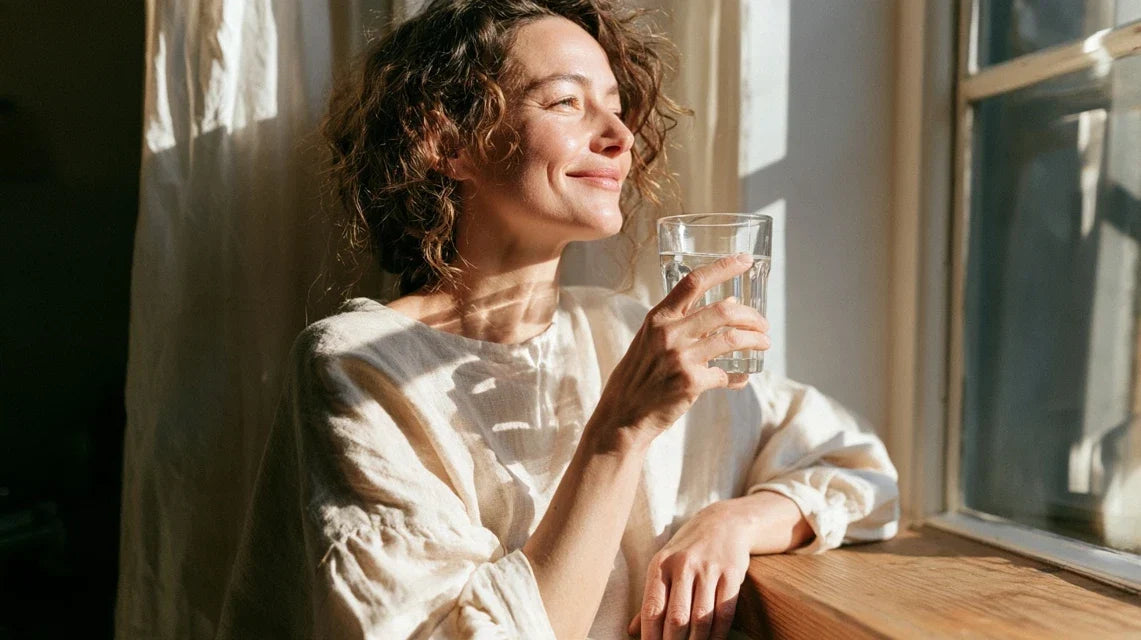 Woman with a glass of water in a sunlit kitchen, wondering why she is always thirsty | Gutsi