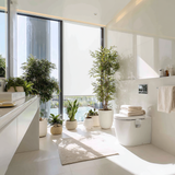 A bright, plant-filled bathroom with a wall-hung toilet