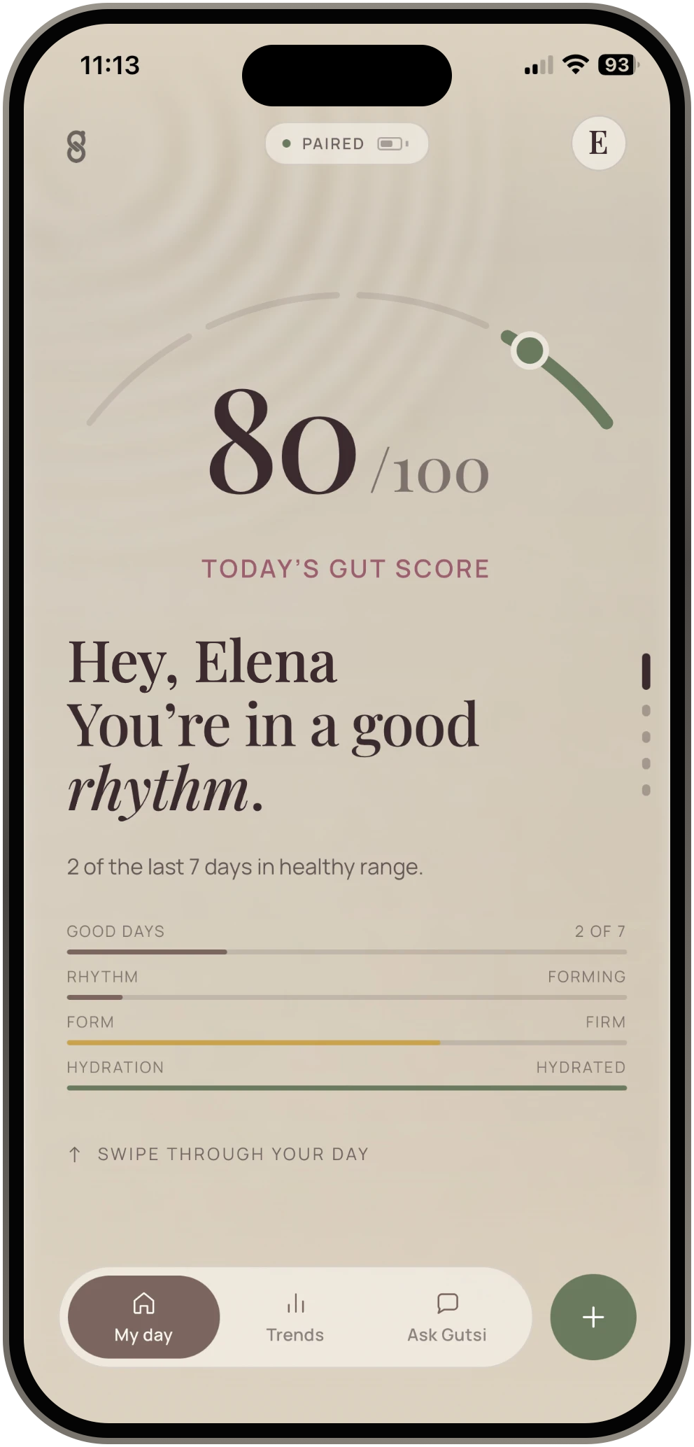 The Gutsi app open on a phone, showing today's gut score