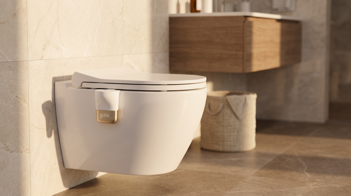 The Gutsi tracker in Champagne, clipped to the rim of a wall-hung toilet in a warm, sunlit bathroom